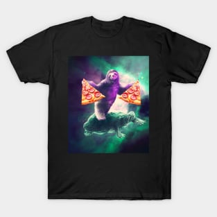 Funny Space Sloth With Pizza And Turtle T-Shirt